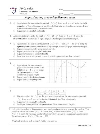 Ap Calculus Name Chapter 5 Worksheet Ap Calculus Chapter 5 Worksheet Integrals Name Seat Date Approximating Area Using Riemann Sums 1 A Approximate The Area Under The Graph Of Pdf Document