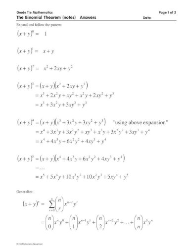 The Binomial Theorem Notes Answers Binomial Theorem Notes Ans3 3 Using Above Expansion X X Y X Y Xy Y X X Y X Y Xy X Y X Y Xy Y The Binomial Theorem Notes Answers Date Rhhs Pdf Document