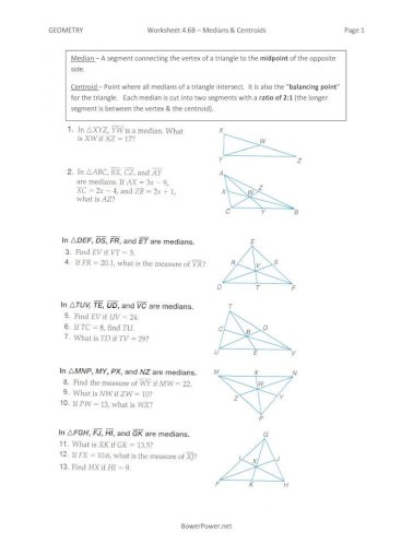 Geometry Worksheet 4 6b A Medians Centroids Page 1 Centroid A Point Where All Medians Of A Pdf Document
