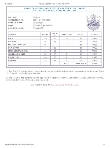 Bise sukkur board result sheet 2015