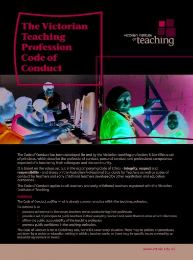 The Victorian Teaching Profession Code Of Conduct Victorian Teaching Profession Code Of Conduct The Code Of Conduct Has Been Developed For And By The Victorian Teaching Profession Pdf Document