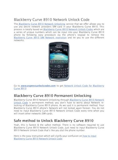 Blackberry Curve 8910 Network Unlock Code Pdf Document