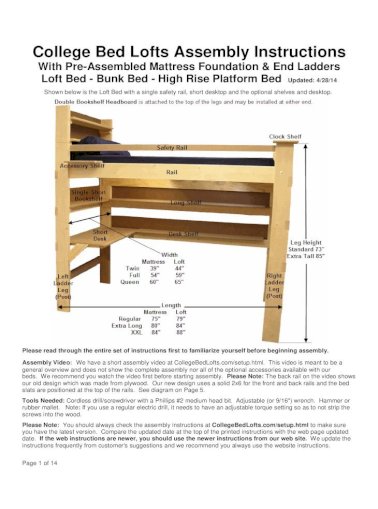 College Bed Lofts Assembly Instructions, Wooden Loft Bed Assembly Instructions