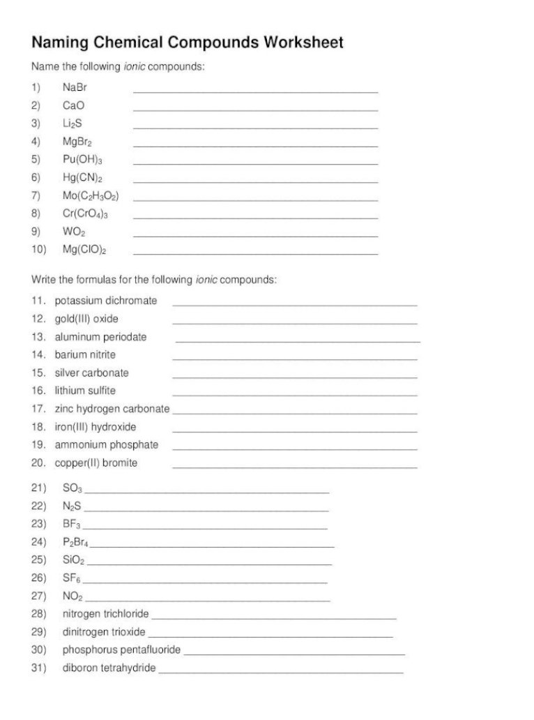 Naming Chemical Compounds Worksheet - Cuesta .Naming Chemical Within Compounds Names And Formulas Worksheet