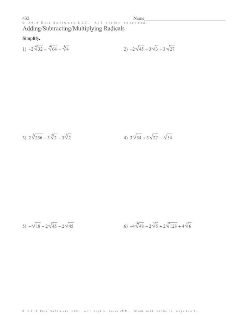 Infinite Algebra 22 - Adding/Subtracting/Multiplying Radicals Throughout Simplifying Radicals Worksheet Algebra 1