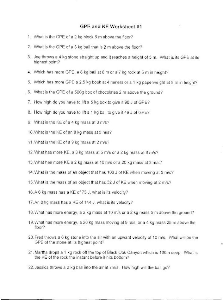 Gpe And Ke Worksheet 1 Gpe And Ke Worksheet 2 1 What Is The Gpe Of A 3 Kg Block 10 M Above The Pdf Document