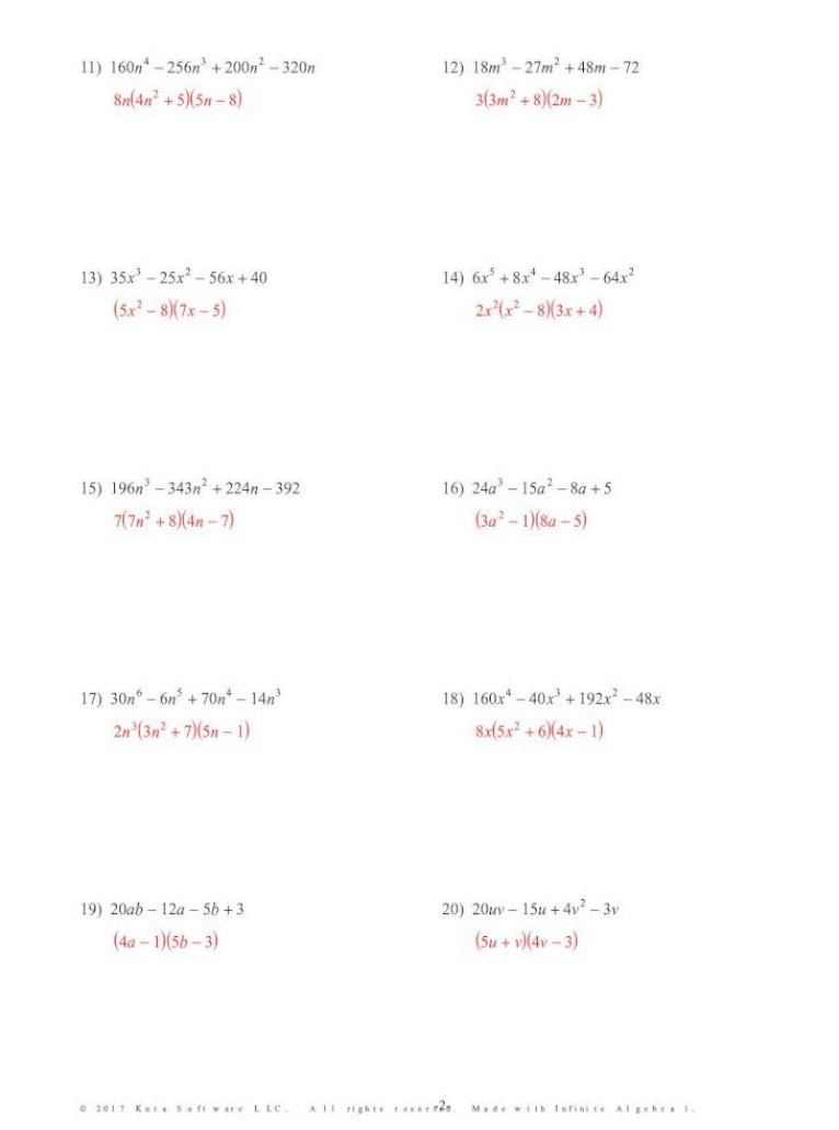 perfect square trinomial worksheet kuta Throughout Factoring By Grouping Worksheet