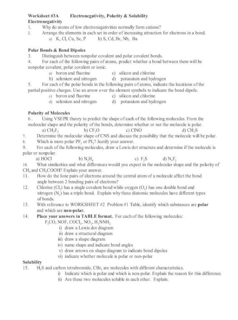 Worksheet #24A Electronegativity, Polarity & Solubility mail Throughout Worksheet Polarity Of Bonds Answers