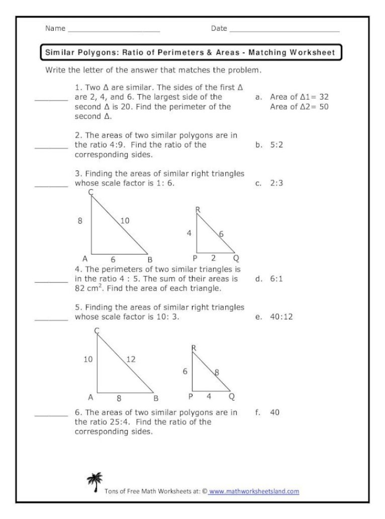 Similar Polygons: Ratio of Perimeters Areas Matching  Polygons Intended For Similar Polygons Worksheet Answers