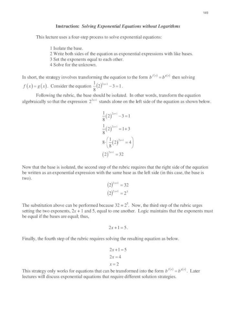 Instruction: Solving Exponential Equations without Solving Regarding Solving Exponential Equations Worksheet