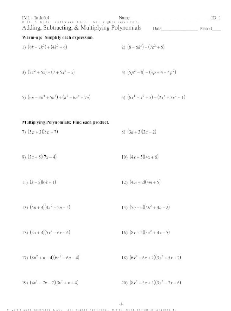 Adding, Subtracting, Multiplying Pol Subtracting, Multiplying Pertaining To Adding And Subtracting Polynomials Worksheet
